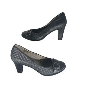 Life Stride Black Quilted Buckle Block Heel Pumps Shoes Womens 8.5M